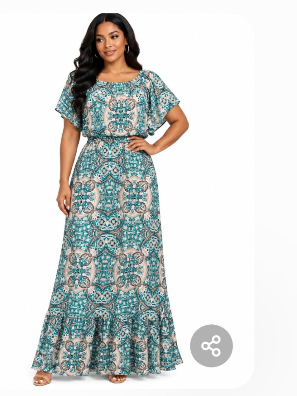 New Direction Modest Turquoise Paisley Print Maxi Dress Flutter Sleeve Women XL